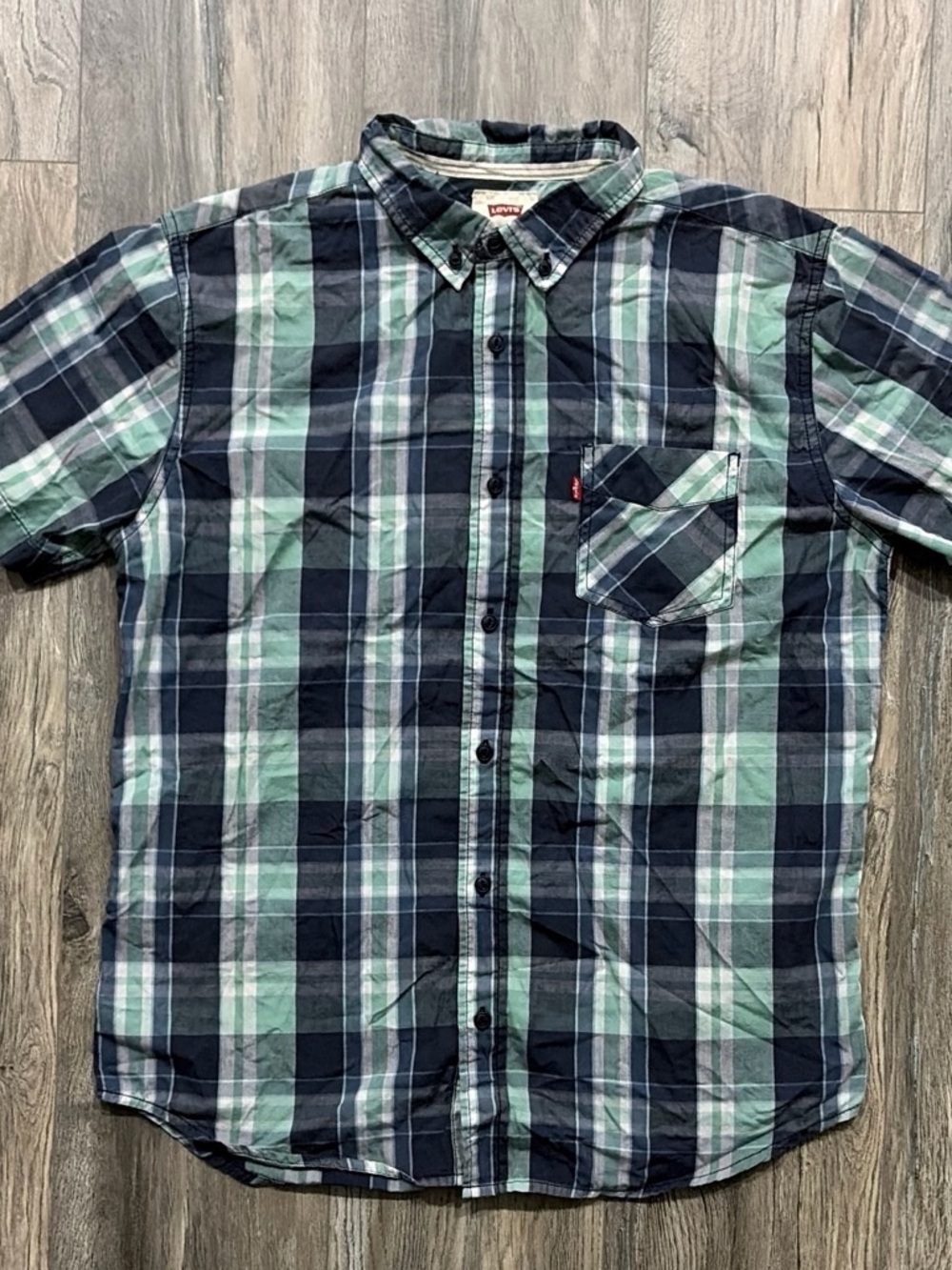 Levi’s Checked Short Sleeve Button Down Plaid Shirt Green Navy Medium